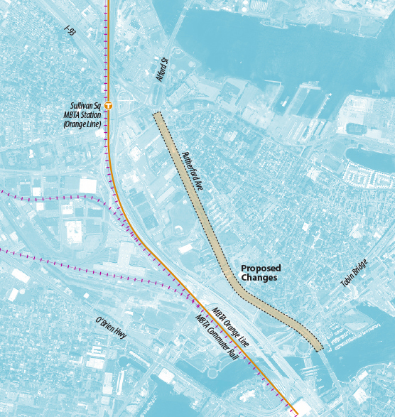 Map showing the location of the Rutherford Avenue project from the North Washington Street Bridge to Sullivan Square in Boston.